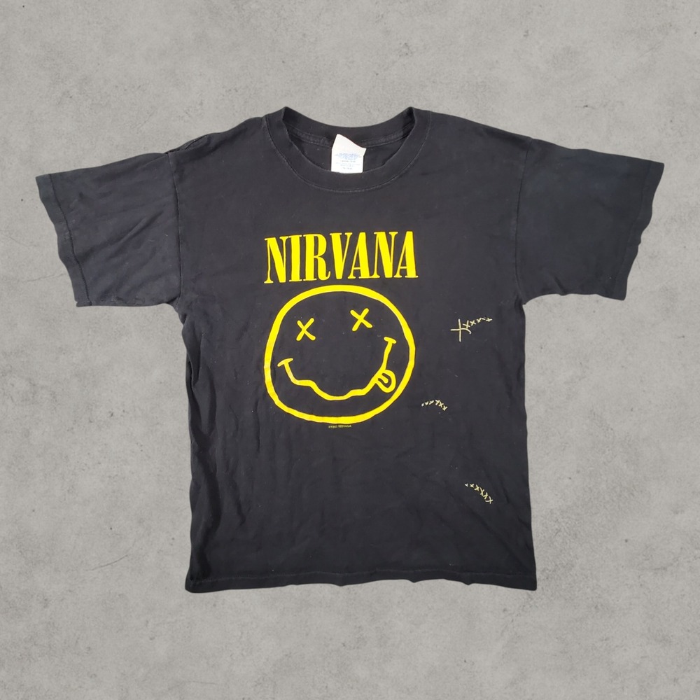Vintage Nirvana Shirt Youth XL Black 1992 Smiley Face M&O Knits Stitch Late 90s